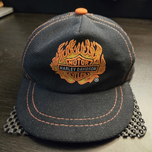 Vintage 80s Harley Davidson Motorcycle Baby X Infant Flame Logo Snapback Trucker